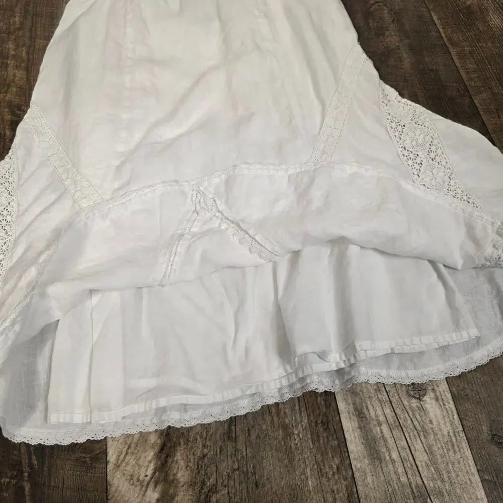 Vintage White Linen Midi Skirt Lace Trim Cottagecore Boho Prairie Size 12